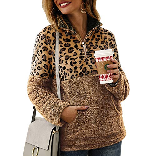 TSWRK Damen Pullover Langarm Sweaters Leopard Print 1/4 Reißverschluss Patchwork Sweatshirt Revers Outwear Plüschjacke von TSWRK