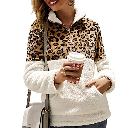 TSWRK Damen Pullover Langarm Sweaters Leopard Print 1/4 Reißverschluss Patchwork Sweatshirt Revers Outwear Plüschjacke von TSWRK