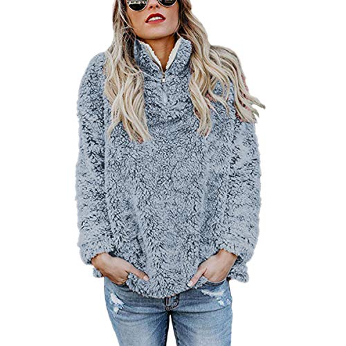 TSWRK Damen Winter Sweatshirt Pullover Teddy-Fleece Stehkragen Langarm Oversize Hoodie Einfarbig Warm von TSWRK