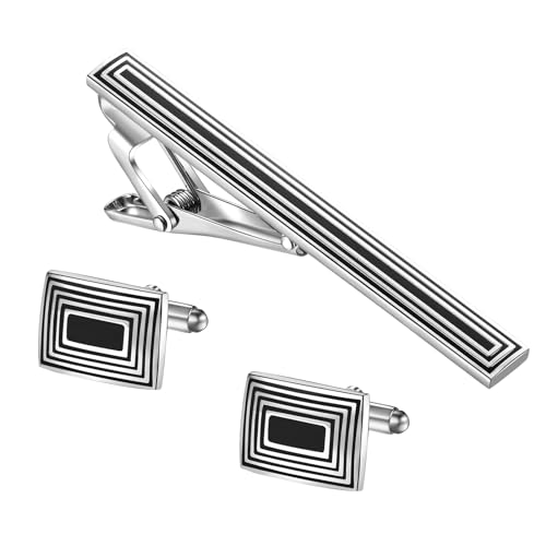 TSWRK Herren Krawattenklammern Manschettenknöpfe Set: Kupfer Krawattenclip Cufflinks mit Muster Silber Schwarz Elegantes Accessoire für das perfekte Outfit von TSWRK