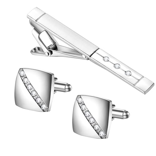 TSWRK Herren Krawattenklammern Manschettenknöpfe Set: Kupfer Krawattenclip Cufflinks mit Strass Silber Elegantes Accessoire für das perfekte Outfit von TSWRK