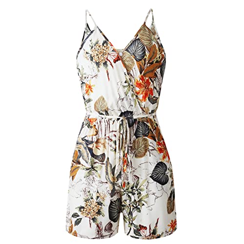 TSWRK Jumpsuit Blumen Damen Sommer: Beige Jumpsuit V Ausschnitt Overall Blumen Ärmellos Playsuit Split kurze Hosenanzug Romper Sommer von TSWRK