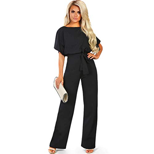 TSWRK Jumpsuit Damen Elegant Sommer Kurze Ärmel Playsuit Strand Höschen Overall Lang Romper, Schwarz, M von TSWRK