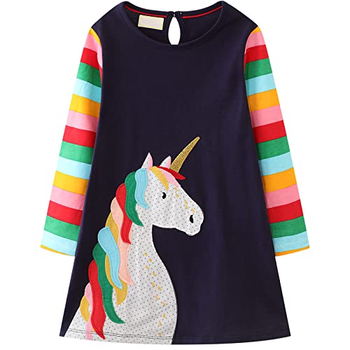 TSWRK Kleid Mädchen Prinzessin Kleid Casual A-line Kleid Rainbow Einhorn Print für 4 Jahre, 110-120cm von TSWRK