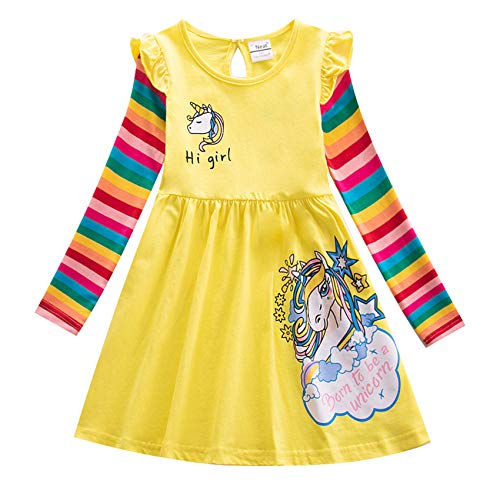 TSWRK Kleid Mädchen Prinzessinkleid Casual A-Linie Kleider Regenbogen Langarm Einhorn Print für 3-7Jahre von TSWRK