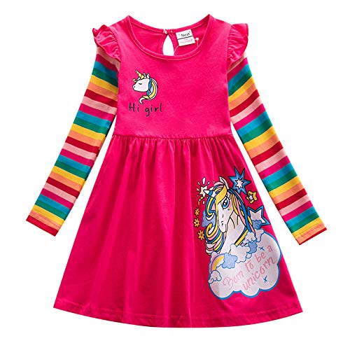 TSWRK Kleid Mädchen Prinzessinkleid Casual A-Linie Kleider Regenbogen Langarm Einhorn Print für 3-7Jahre von TSWRK