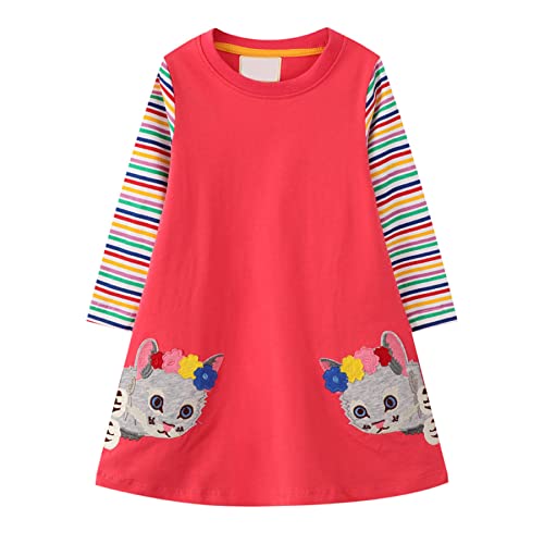 TSWRK Kleid Mädchen Prinzessinkleid Casual A-Linie Kleider Regenbogen Langarm Katze Print für 3-7Jahre, Katze von TSWRK