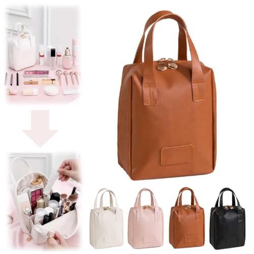 2024 New Premium Makeup Bag,Large Capacity Double Zipper Travel Cosmetic Bags,Pu Leather Waterproof Make Up Organizer,Multi Compartment Portable Toiletry Bag with Handle and Divider (Brown) von TSYIDUI