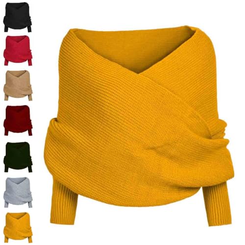 TSYIDUI Gestrickte Schal Mit äRmeln Strick,Gestrickter Zopfschal,Zopfmuster-Umhang Bolero FüR Damen,Pullover-Schal Mit äRmeln,Gestrickter Schal,Gestrickter Wickel (Gelb) von TSYIDUI