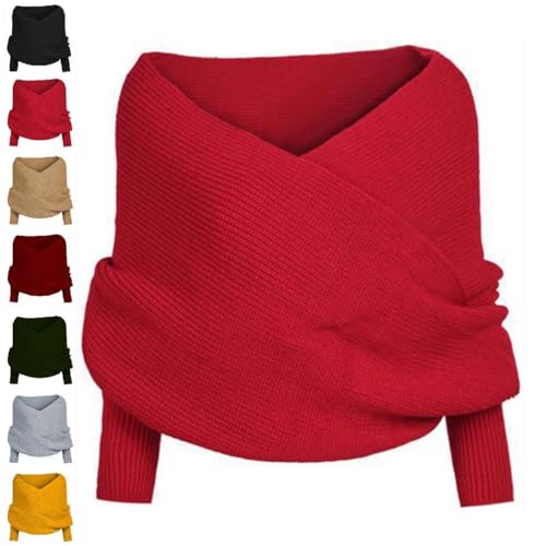 TSYIDUI Gestrickte Schal Mit äRmeln Strick,Gestrickter Zopfschal,Zopfmuster-Umhang Bolero FüR Damen,Pullover-Schal Mit äRmeln,Gestrickter Schal,Gestrickter Wickel (Rot) von TSYIDUI