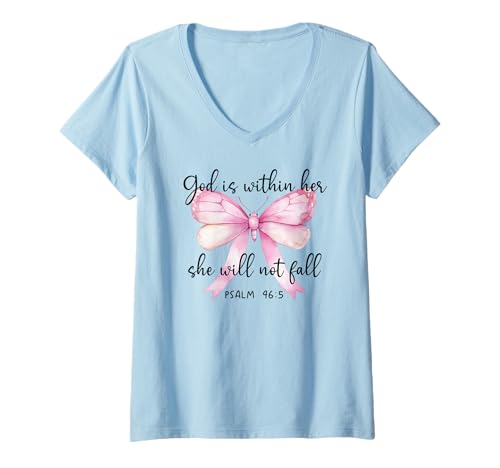 Damen God is Within Her She Will Not Fall Girl Pink Bow Psalm 46:5 T-Shirt mit V-Ausschnitt Damen God is Within Her She Will Not Fall Girl Pink Bow Psalm 46:5 T-Shirt mit V-Ausschnitt von TShirt God is Within Her Bow Phone Case Pink Shirt