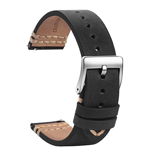 TStrap Leder Uhrenarmband 18mm - Weich Schwarz Quick Release Uhrenarmbänder Ersatz - Sport Uhrenarmband für Herren Damen - Smartwatches Armband mit Silber Schließe - 19mm 20mm 21mm 22mm von TStrap