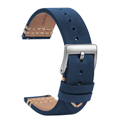 TStrap Leder Uhrenarmband 19mm - Weich Blau Quick Release Uhrenarmbänder Ersatz - Sport Uhrenarmband für Herren Damen - Smartwatches Armband mit Silber Schließe - 18mm 20mm 21mm 22mm von TStrap