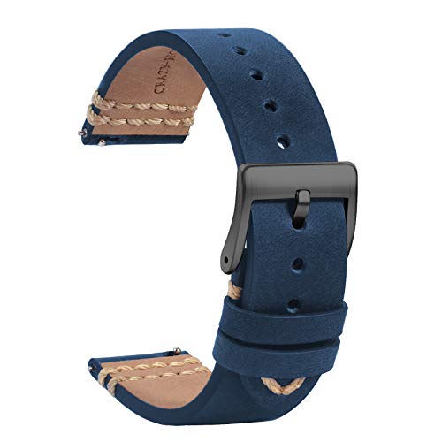 TStrap Leder Uhrenarmband 22mm - Weich Blau Quick Release Uhrenarmbänder Ersatz - Sport Uhrenarmband für Herren Damen - Smartwatches Armband mit Schwarz Schließe - 18mm 19mm 20mm 21mm von TStrap