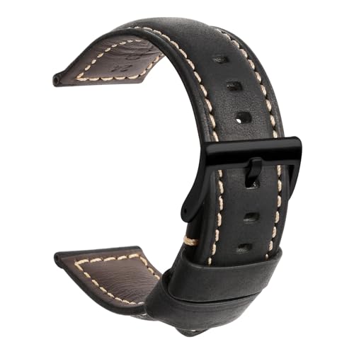 TStrap Uhrenarmband 24mm Leder für Herren - Schwarz Lederarmband Uhren Ersatz - Vintage Weich Echtleder Uhrband Ersatzarmband Uhr - Leather Watch Strap Band for Men - 20mm 22mm 24mm von TStrap