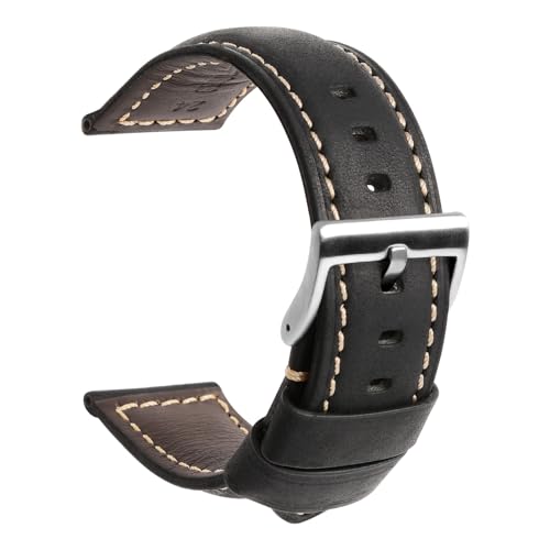 TStrap Uhrenarmband 24mm Leder für Herren - Schwarz Lederarmband Uhren Ersatz - Vintage Weich Echtleder Uhrband Ersatzarmband Uhr - Leather Watch Strap Band for Men - 20mm 22mm 24mm von TStrap