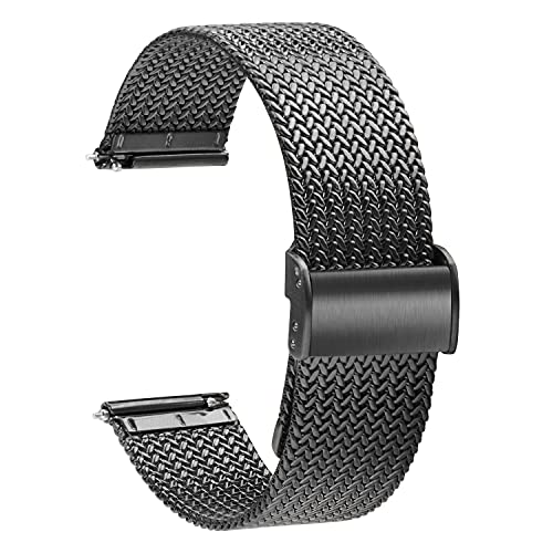 TStrap Mesh Uhrenarmband Metall 20mm - Schnellverschluss Ersatz Uhrenarmbänder für Herren Damen - Mailänder Smartwatch Armband aus Edelstahl Schwarz - 16mm 18mm 20mm 22mm von TStrap