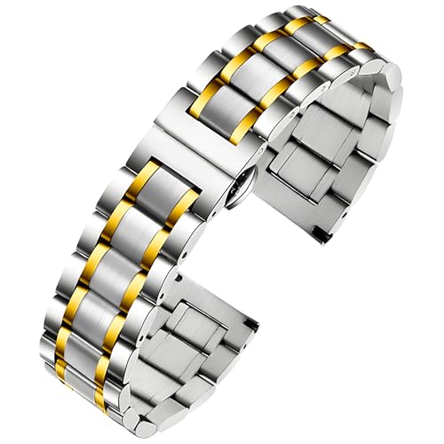 TStrap Metall Uhrenarmband Edelstahl - Silber&Gold Armband für Uhr Herren und Damen Schnellverschluss - Ersatzarmband für Smartwatch aus Massivem Stahl Poliert - 12mm ... 20mm 22mm 24mm von TStrap