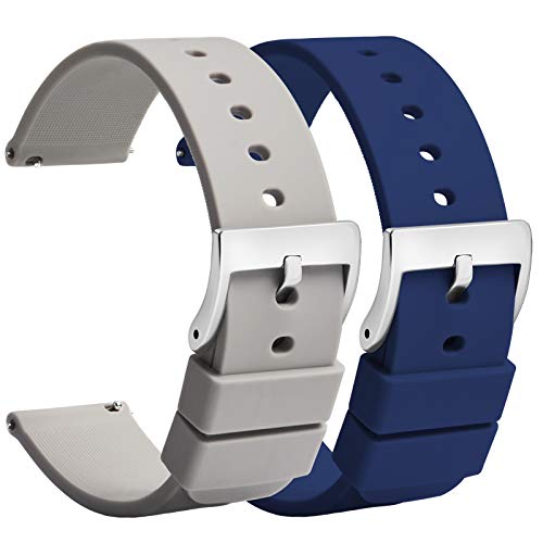 TStrap Silikon Uhrenarmband Schnellspanner 18mm – Weich Blau Grau Gummi Herren Damen Sport Uhrband - Wasserdichtes Militär Uhrenband Ersatzarmband für Uhr Smartwatch Silber Schnalle - 20mm 22mm von TStrap