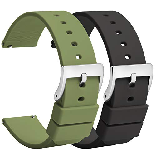 TStrap Silikon Uhrenarmband Schnellspanner 18mm – Weich Grün Schwarz Gummi Herren Damen Sport Uhrband - Wasserdichtes Militär Uhrenband Ersatzarmband für Uhr Smartwatch Silber Schnalle - 20mm 22mm von TStrap