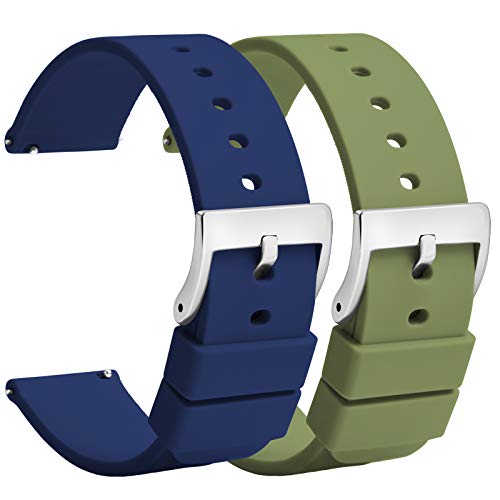 TStrap Silikon Uhrenarmband Schnellspanner 20mm – Weich Blau Grün Gummi Herren Damen Sport Uhrband - Wasserdichtes Militär Uhrenband Ersatzarmband für Uhr Smartwatch Silber Schnalle - 18mm 22mm von TStrap