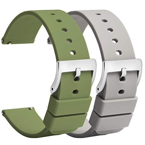 TStrap Silikon Uhrenarmband Schnellspanner 20mm – Weich Grau Grün Gummi Herren Damen Sport Uhrband - Wasserdichtes Militär Uhrenband Ersatzarmband für Uhr Smartwatch Silber Schnalle - 18mm 22mm von TStrap