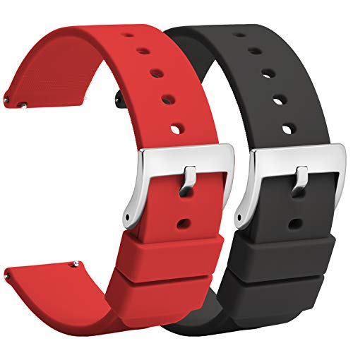 TStrap Silikon Uhrenarmband Schnellspanner 22mm – Weich Rot Schwarz Gummi Herren Damen Sport Uhrband - Wasserdichtes Militär Uhrenband Ersatzarmband für Uhr Smartwatch Silber Schnalle - 18mm 20mm von TStrap