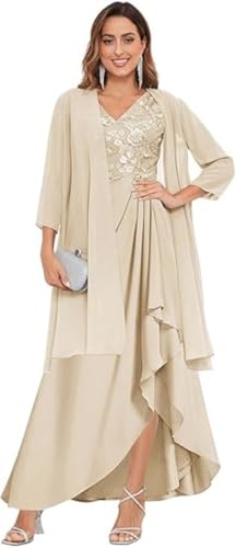 TSxuelian Damen 2 Stück Mutter der Braut Kleider mit Jacke Spitze Applique Abendkleid für Frauen, champagnerfarben, 46 von TSxuelian