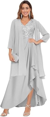 TSxuelian Damen 2 Stück Mutter der Braut Kleider mit Jacke Spitze Applique Abendkleid für Frauen, silber, 44 von TSxuelian