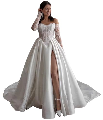 TSxuelian Damen Elegant Satin Brautkleider für Braut A-Linie Prinzessin Strand Bohemisch von TSxuelian