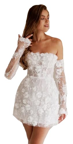 TSxuelian Damen Kurz Brautkleider Blumen Spitze Stickerei Weiß Mini Ballkleid Trägerloses Minikleid, A-Elfenbein, 32 von TSxuelian