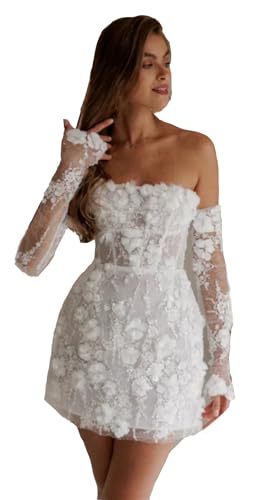 TSxuelian Damen Kurz Brautkleider Blumen Spitze Stickerei Weiß Mini Ballkleid Trägerloses Minikleid, A-weiß, 32 von TSxuelian