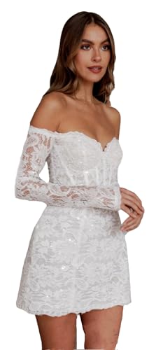 TSxuelian Damen Kurz Brautkleider Blumen Spitze Stickerei Weiß Mini Ballkleid Trägerloses Minikleid, C-Elfenbein, 36 von TSxuelian