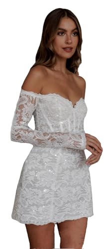 TSxuelian Damen Kurz Brautkleider Blumen Spitze Stickerei Weiß Mini Ballkleid Trägerloses Minikleid, C-weiß, 38 von TSxuelian
