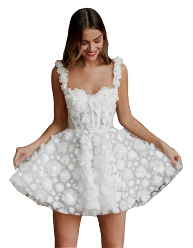 TSxuelian Damen Kurz Brautkleider Blumen Spitze Stickerei Weiß Mini Ballkleid Trägerloses Minikleid, F-Weiß, 36 von TSxuelian
