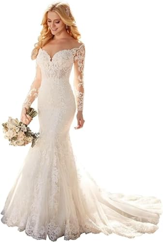 TSxuelian Damen Langarm Meerjungfrau Brautkleider Spitze Brautkleider mit Schleppe, F-Elfenbein, 42 von TSxuelian