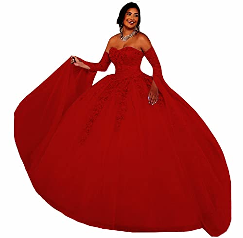 TSxuelian Damen Langarm Spitze Applique Sweet 16 Quinceanera Kleider Sweetheart-Ausschnitt Formelle Hochzeit Ballkleider, rot, 44 von TSxuelian