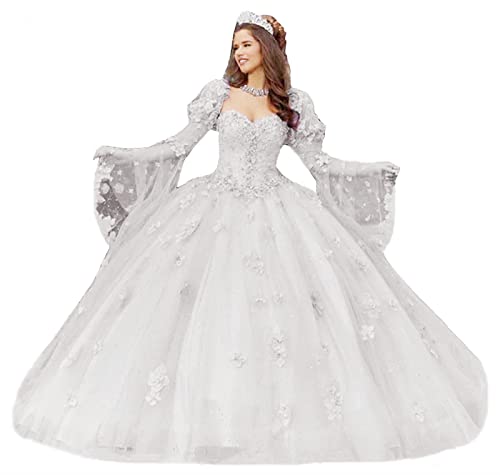 TSxuelian Damen Prinzessin Blumenapplikation Cinderella Ballkleid Quinceanera Kleider Puffärmel Sweet 16 Kleid, weiß, 54 von TSxuelian