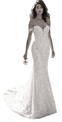 TSxuelian Damen Schulterfrei Spitze Meerjungfrau Brautkleider Schatz Sweep Zug Boho Brautkleider Tüll, A-weiß, 36 von TSxuelian