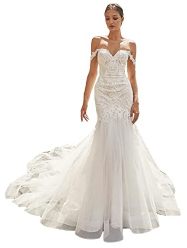 TSxuelian Damen Schulterfrei Spitze Meerjungfrau Hochzeit Kleider Sweep Train Boho Brautkleider Tüll, elfenbeinfarben, 38 von TSxuelian