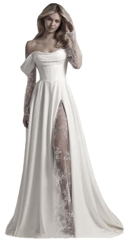 TSxuelian Damen Schulterfreies Brautkleid für Braut Satin A-Linie Bohe Brautkleider, A-weiß, 32 von TSxuelian
