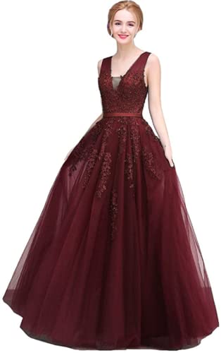 TSxuelian Damen Spaghettiträger Spitze Applique Ballkleid A Linie Tüll Brautjungfer Kleid Abendkleider, burgunderfarben, 38 von TSxuelian