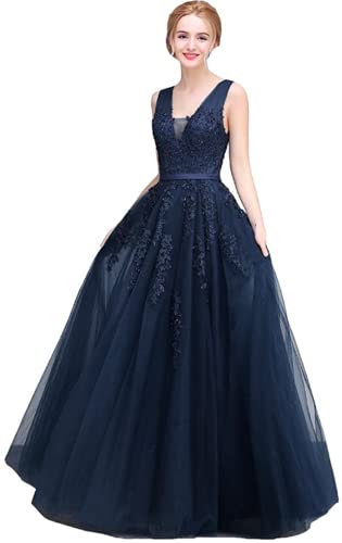 TSxuelian Damen Spaghettiträger Spitze Applique Ballkleid A Linie Tüll Brautjungfer Kleid Abendkleider, marineblau, 36 von TSxuelian