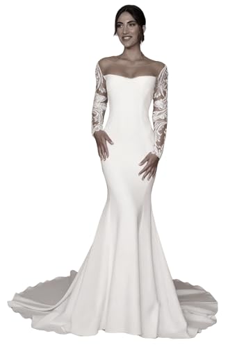 TSxuelian Damen Spitze Langarm Meerjungfrau Brautkleider für Braut Schulterfrei Satin Brautkleider, C-weiß, 36 von TSxuelian