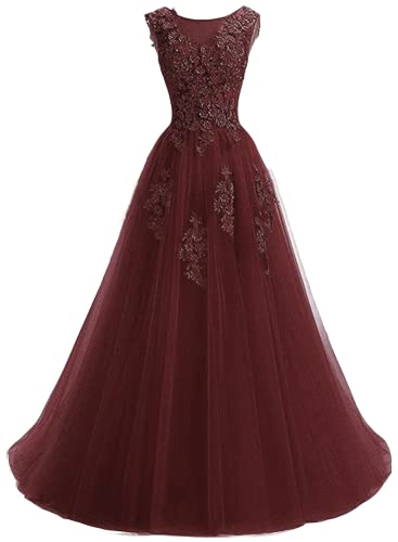 TSxuelian Damenkleid, U-Ausschnitt, Spitzenapplikation, Ballkleid, A-Linie, Brautjungfernkleid, formelles Abendkleid, Partykleid, burgunderfarben, 38 von TSxuelian