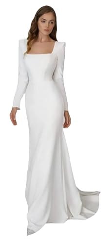 TSxuelian Frauen Langarm Meerjungfrau Brautkleid Satin Muslim Braut Brautkleider Open Back, C-Elfenbein, 34 von TSxuelian
