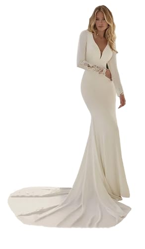 TSxuelian Frauen Langarm Meerjungfrau Brautkleid Satin Muslim Braut Brautkleider Open Back, elfenbeinfarben, 36 von TSxuelian
