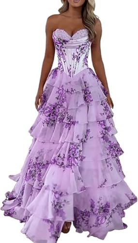 TSxuelian Sweetheart Chiffon Ballkleider 2025 gestuftes Korsett formelles Kleid für Frauen Rüschen Abendkleid mit Schlitz, B-Flieder, 40 von TSxuelian