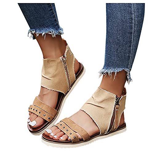 Damen Flip Flops Flache Hausschuhe Canvas Flip Toe-Thong Sommerschuhe Frauen Sandalen Römersandalen Schaftsandalen Elegant Sommer Strandschuhe Schuhe mit Reißverschluss (Khaki, 38) von TT-