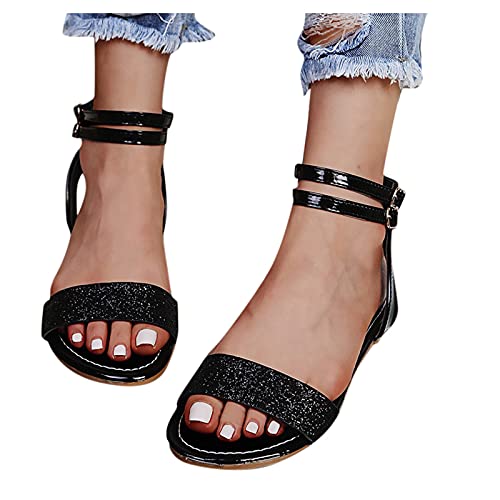 Damen Madchen Mary Jane mit Paillette Casual Shoes Hausschuhe Sommer Latschen Badeschuhe Strand Slippers Flach Sohle Pantoffeln Schlappen Strandschuhe Strandfischmaul (schwarz, 40) von TT-